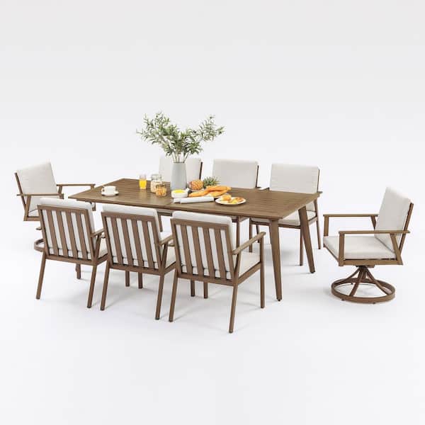 Medium Brown Wood 9-Piece Aluminum Outdoor Dining Set with 2-Swivel Dining Chairs, Rectangular Table and Beige Cushions