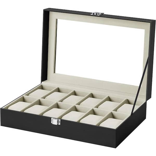 Black Rectangle PU Leather 12-Slot Watch Box with Large Glass Lid and Greenish Beige Lining