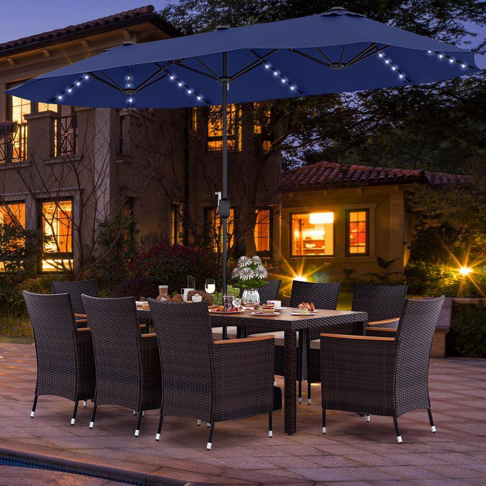 11-Piece Wicker Outdoor Dining Set with Navy 15 ft. Double-Sided Patio Umbrella and Base, Beige Cushion