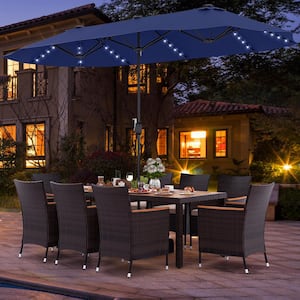 11-Piece Wicker Outdoor Dining Set with Navy 15 ft. Double-Sided Patio Umbrella and Base, Beige Cushion