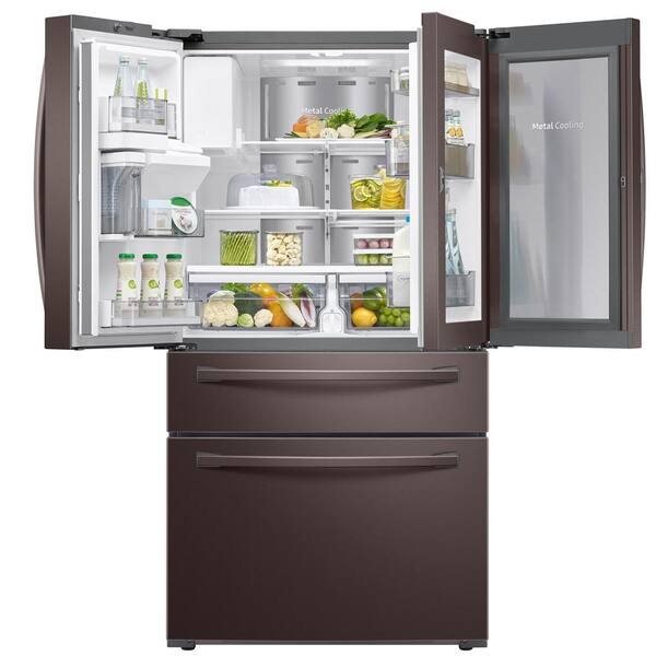 Samsung 22 4 Cu Ft Food Showcase 4 Door French Door Refrigerator In Fingerprint Resistant Tuscan Stainless Counter Depth Rf22r7351dt The Home Depot