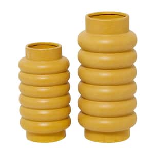 16 in., 12 in. Yellow Ceramic Decorative Vase with Ring Ribbing (Set of 2)
