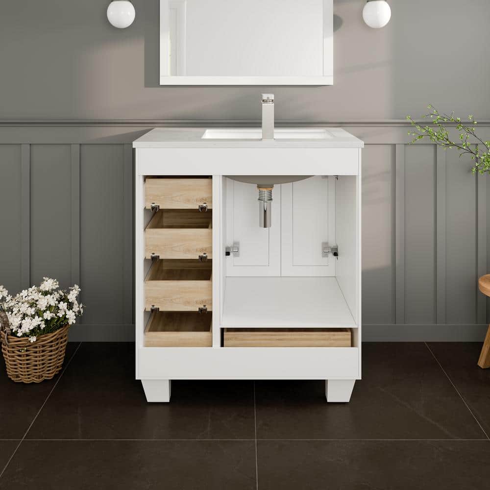 White 30" Bathroom Vanity with Carrara Quartz Countertop