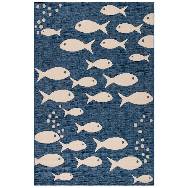 Courtyard Navy/Beige 7 ft. x 10 ft. Novelty Fish Indoor/Outdoor Area Rug