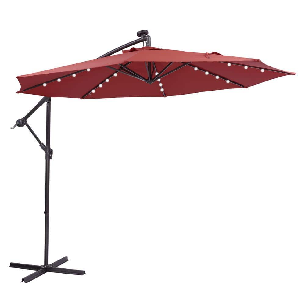 Jushua 10 ft. Solar LED Outdoor Umbrella Hanging Cantilever Patio Umbrella Offset Umbrella with