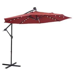 10 ft. Solar LED Outdoor Umbrella Hanging Cantilever Patio Umbrella Offset Umbrella with 32 LED Lights in Red