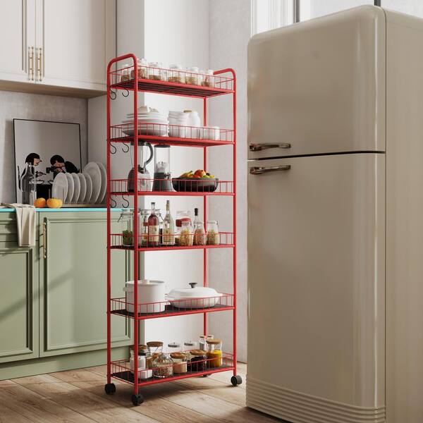 6-Tier Red Metal Rolling Wire Rack, Storage Shelving Unit for Laundry Bathroom Kitchen Garage-22.8 in. W x 10 in. D