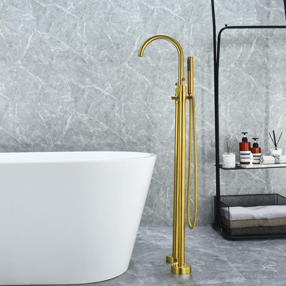 Brushed Gold Stainless Steel Floor Mounted Tub Filler with Handshower