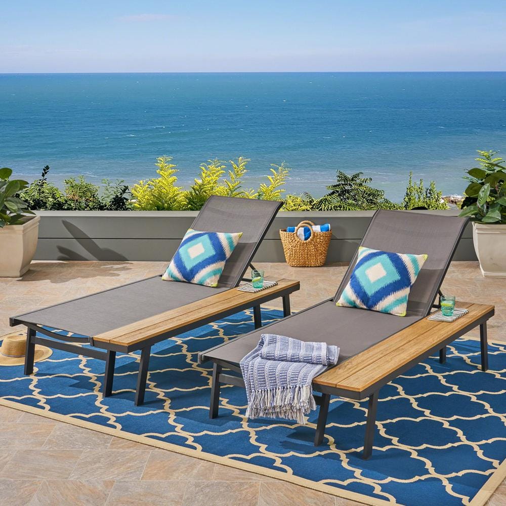 Gray Aluminum and Eucalyptus Outdoor Chaise Lounge Set with Mesh Seating