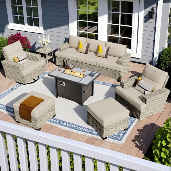 OVIOS Tibercy Gray 9-Piece Wicker Patio Rectangle Fire Pit Conversation Set with Beige Cushions and Swivel Chairs