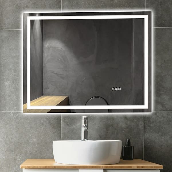 28 in W x 36 in H Rectangular Frameless Wall Mount 3 Colors Dimmable Anti-Fog LED Bathroom Vanity Mirror with Memory