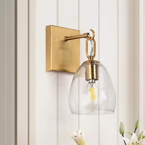 LNC Modern 5 in. 1-Light Plating Brass Wall Sconce with Dome Hammered Glass Shade Bath Vanity Light Bedroom Lamp