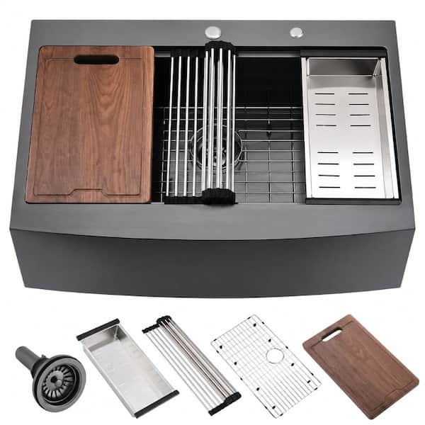 33 in. Drop-In Single Bowl 16-Gauge Nano Matte Black Stainless Steel Farmhouse Workstation Sink with Cutting Board