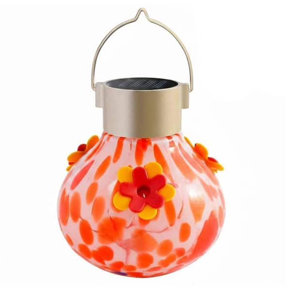 Red Glass Hanging Solar Light Hummingbird Feeder Bee-Proof Wide-Mouth for Hummingbirds 10oz with 3 Ports 1-Pack