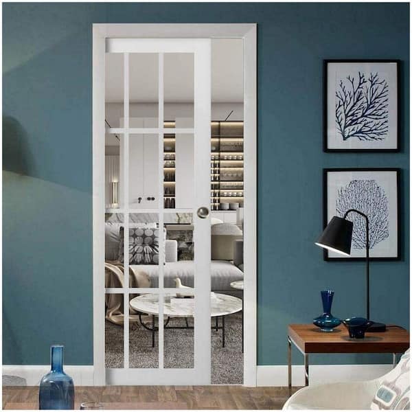Assemble Required 3355 42 in. x 80 in. 1-Panel White Finished Pine Wood Sliding Door with Pocket Hardware