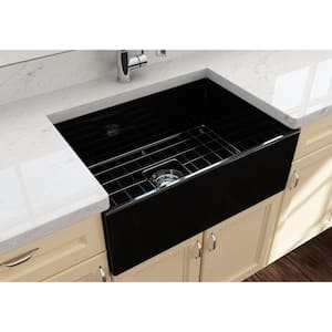 Contempo Farmhouse Apron Front Fireclay 27 in. Single Bowl Kitchen Sink with Bottom Grid and Strainer in Black