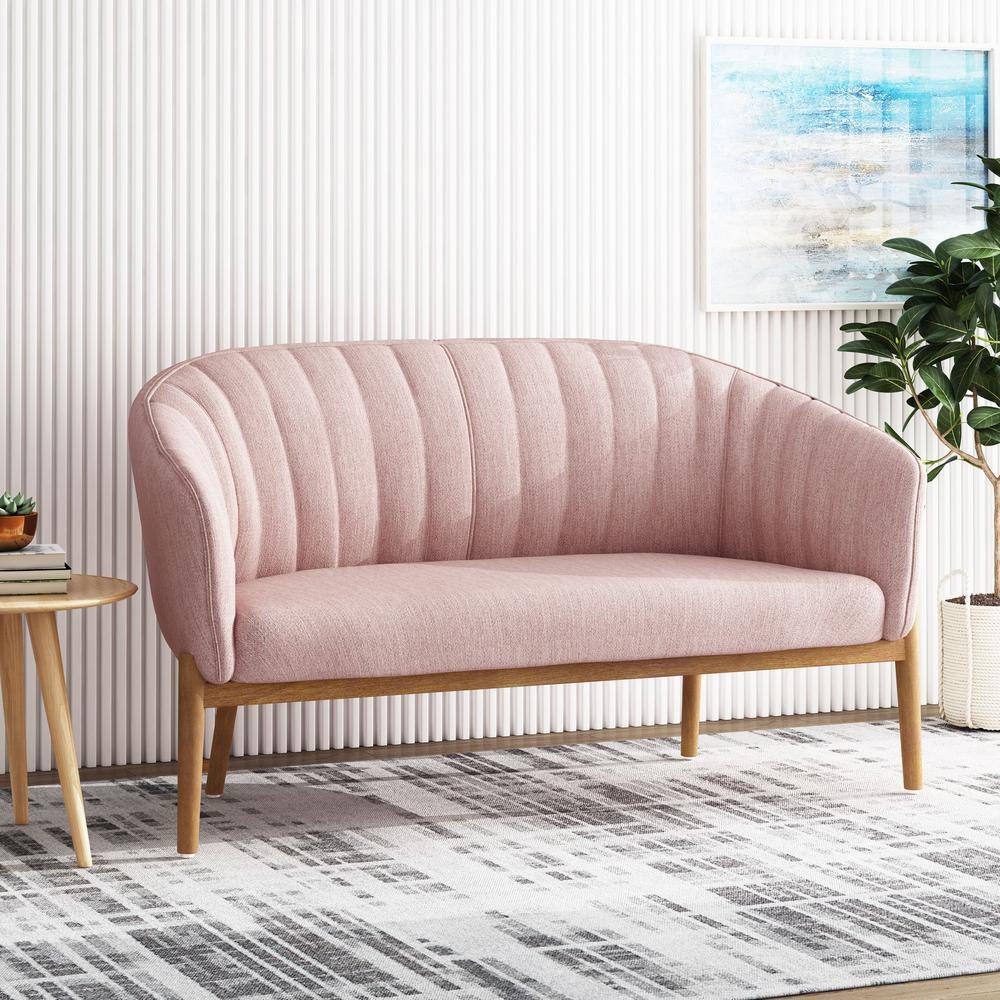 Mid-Century Tufted Fabric Loveseat with Curved Backrest, Brown