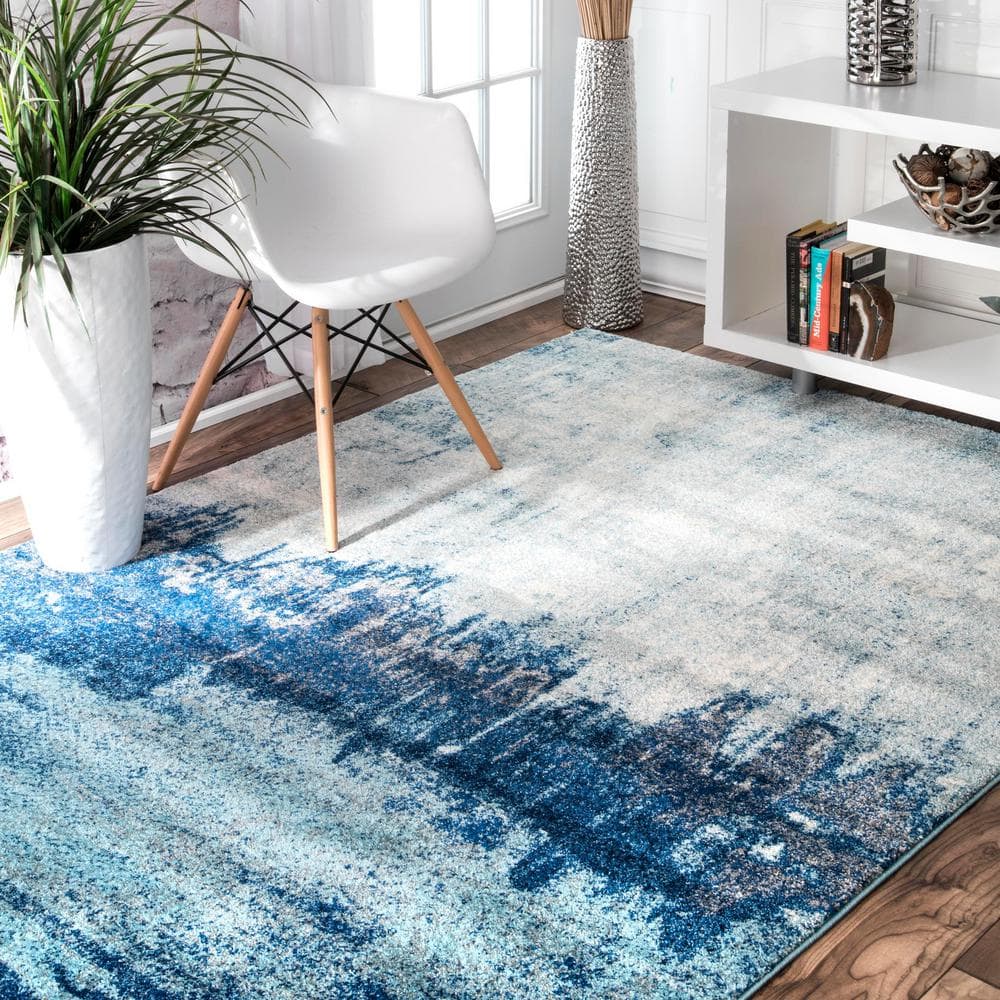 Blue Abstract Synthetic Rectangular Reversible Area Rug