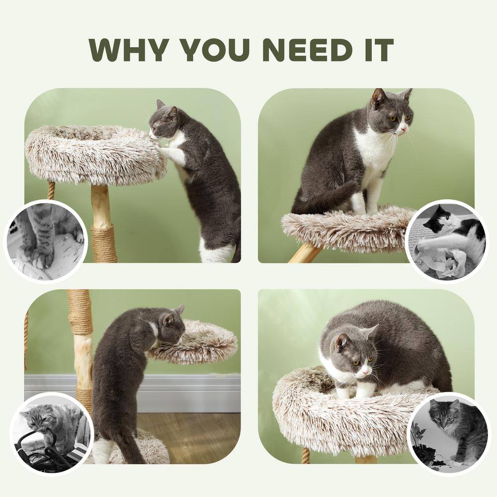 35 Inch Brown Plush and Wood Cat Tree Tower