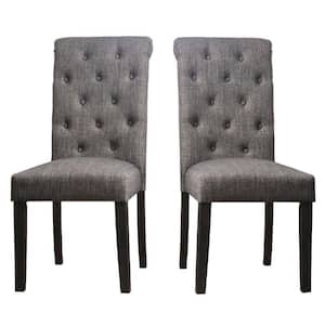 Gray Fabric and Wood Button Tufted Rolled Back Dining Chair (Set of 2)