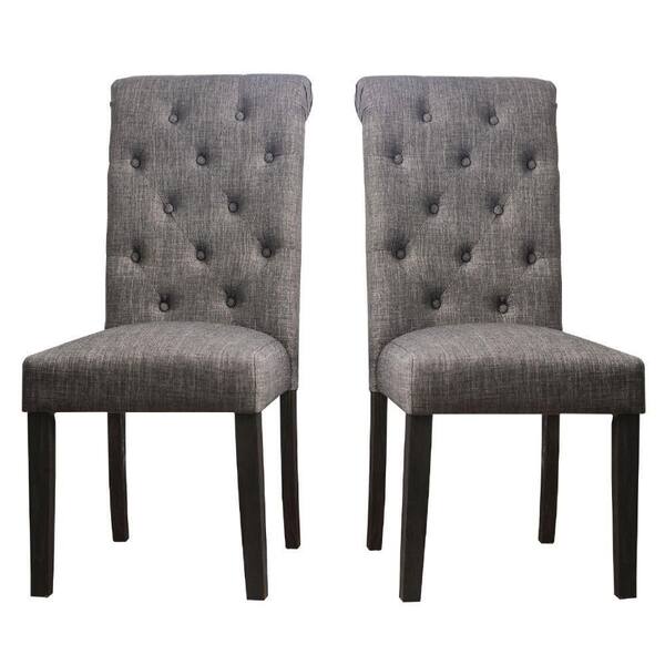 Benjara Gray Fabric and Wood Button Tufted Rolled Back Dining Chair (Set of 2)