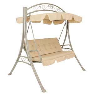 Sunnydaze 3-Person Metal Patio Swing with Canopy and Beige Cushion