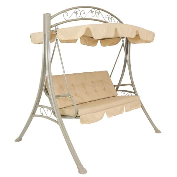 Sunnydaze Sunnydaze 3-Person Metal Patio Swing with Canopy and Beige ...