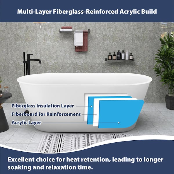 59 in. x 29 in. Acrylic Flatbottom Alcove Freestanding Soaking Bathtub in White