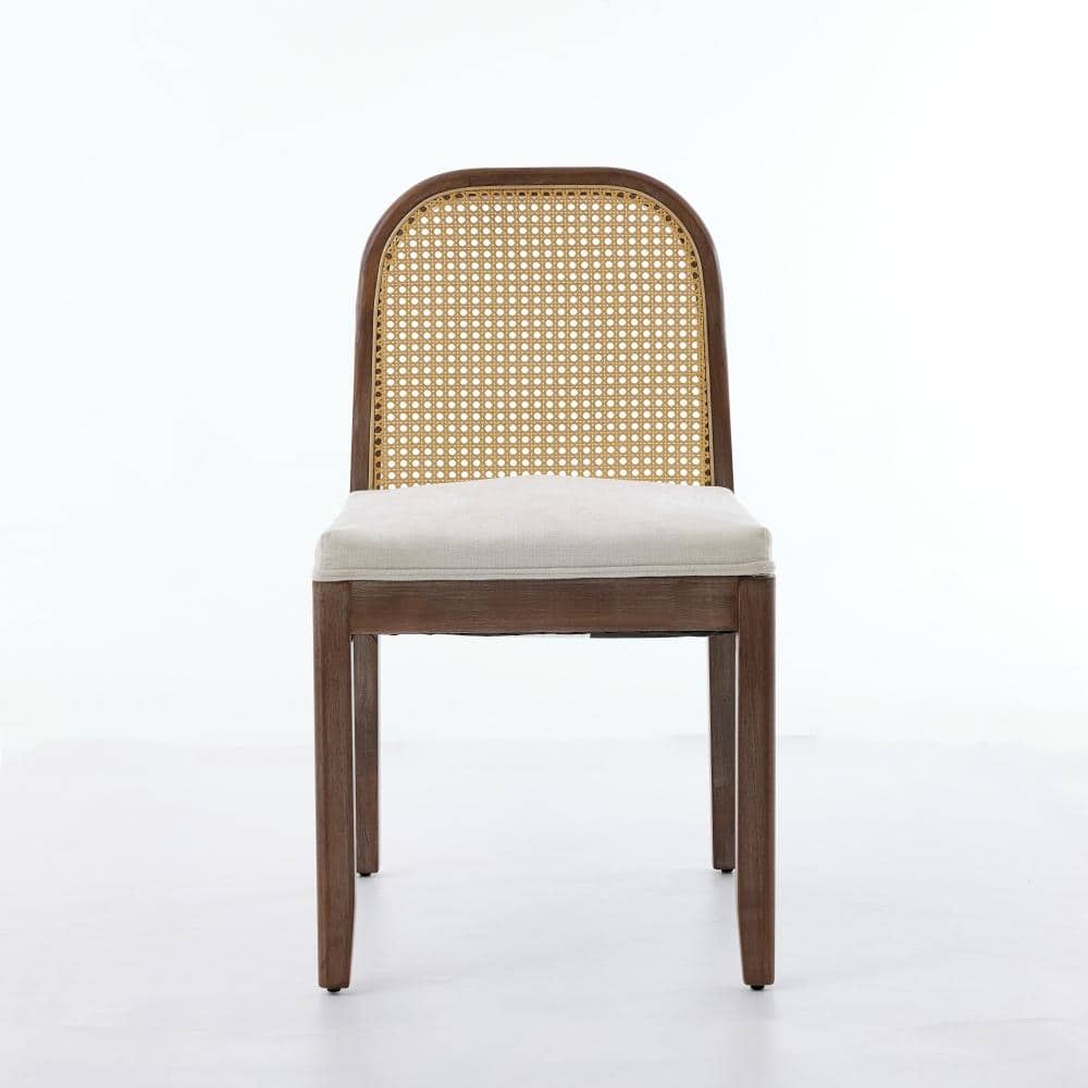 Beige Chenille Upholstered Curved Cane Back Dining Chairs with Solid Wood Frame, Set of 2 durable construction
