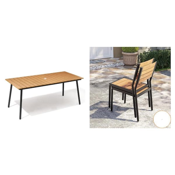 70 in. Brown Aluminum Outdoor Dining Table with Umbrella Hole and Brown Stackable Dining Chairs (Set of 6)