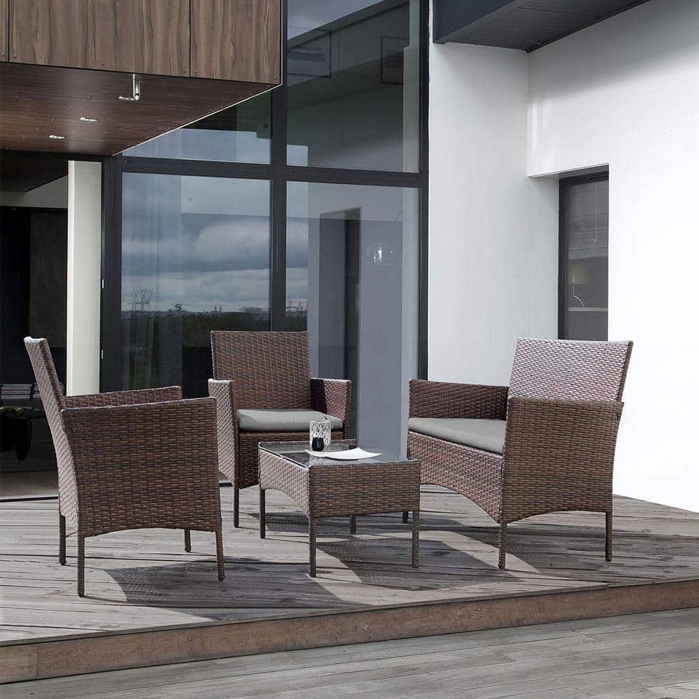 4-Piece Wicker Patio Conversation Set with Grey Cushions for Backyard Porch
