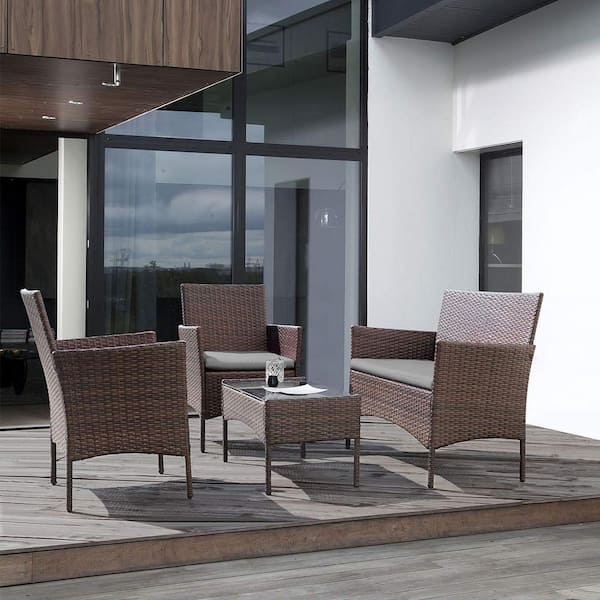 Unbranded 4-Piece Wicker Patio Conversation Set with Grey Cushions for Backyard Porch Garden Poolside Balcony