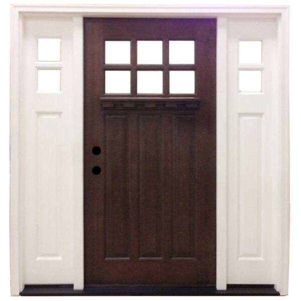 Steves & Sons 64 in. x 80 in. Craftsman 6 Lite Stained Mahogany Wood Prehung Front Door Sidelites