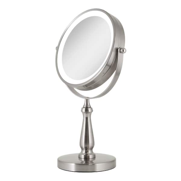 Zadro 7.75 in. x 12.5 in LED Freestanding Bi-View 8X/1X Magnification  Cordless Vanity Beauty Makeup Mirror in Satin Nickel LVAN48 The Home Depot