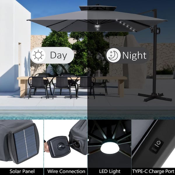 11.5 ft. Square 2-Tier Aluminum 360° Rotation Outdoor Cantilever Patio Umbrella with Base with LED Lights in Gray