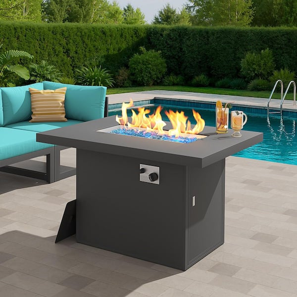 Unbranded 43 in. 60000 BTU Outdoor Gray Rectangular Aluminum Propane Gas Fire Pit Table with Glass Wind Guard and Cover