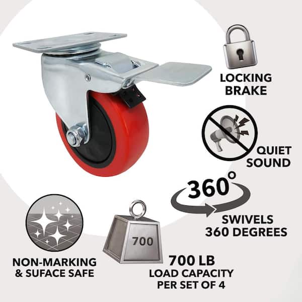 3 in. Red Polyurethane and Steel Swivel Plate Locking Caster Wheel with 175 lb. Load Rating