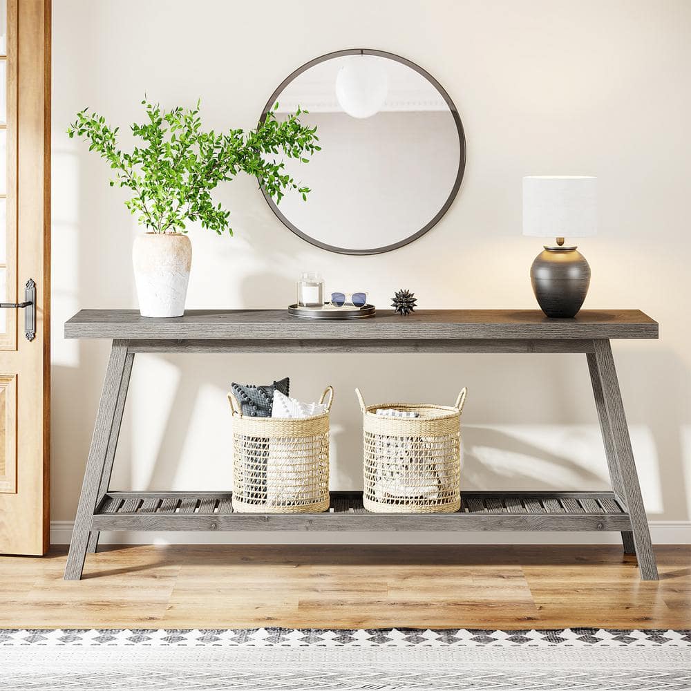 Farmhouse Grey 70.9" Wood and Metal Console Table with Storage