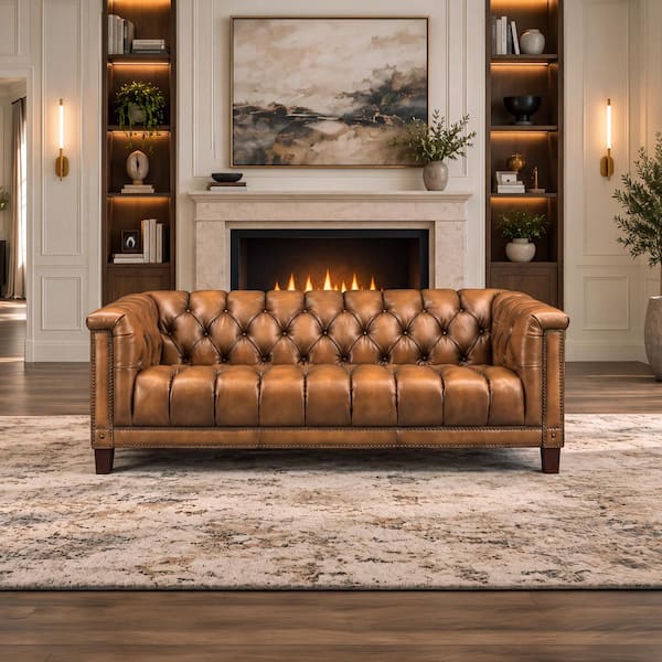 Picadilly 84 in. Rolled Arm Top Grain Leather Rectangle Sofa with Hand-Tufting and Brass Nailhead Trim in Whiskey