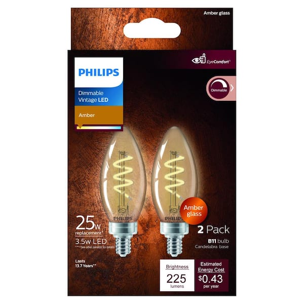 Philips 25-Watt Equivalent B11 Spiral Filament E12 Base LED Vintage Edison LED Light Bulb 2000K Amber (2-Pack) 565804 The Home Depot