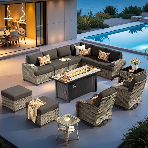 XIZZI Epoch 13 Pieces Wicker Outdoor Patio 54 in. Rectangular Fire