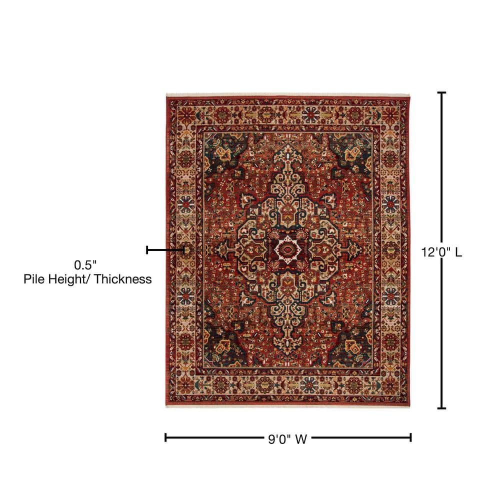 Kashan Red and Ivory Synthetic 9' x 12' Traditional Area Rug