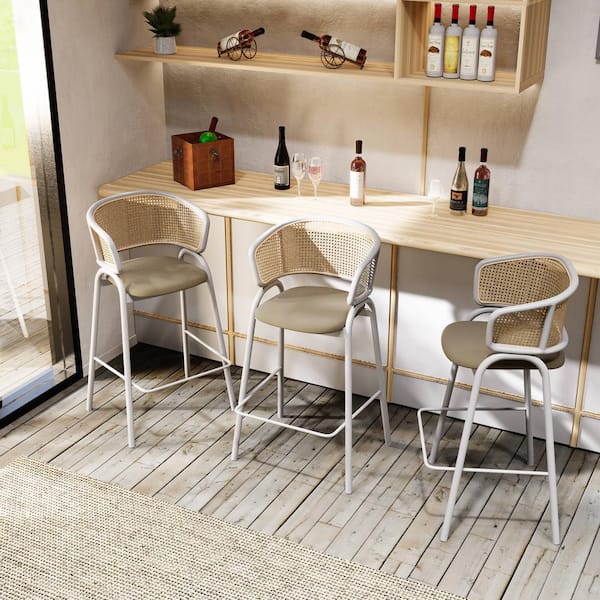 Leisuremod Wicker Bar Stool Leather Seats Curved Open Back with White Stainless Steel Legs in Taupe