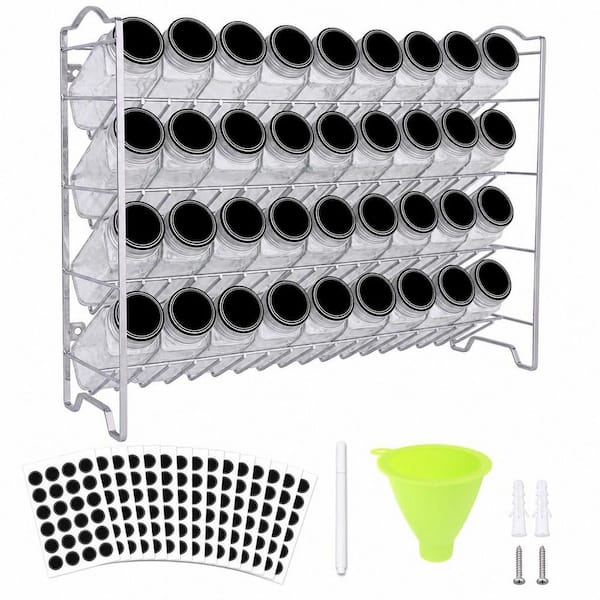 Silver Metal Spice Rack Organizer with Empty Square Spice Jars, Multi-Tier Storage for Kitchen Countertop, Cabinet