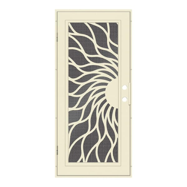 Unique Home Designs 30 in. x 80 in. Sunfire Beige Hammer Right-Hand Surface Mount Aluminum Security Door with Black Perforated Metal Screen