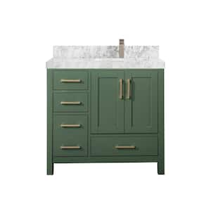 Malibu 36 in. W x 22 in. D x 36 in. H Right Offset Sink Bath Vanity in Lafayette Green with 2 in. Carrara Marble Top