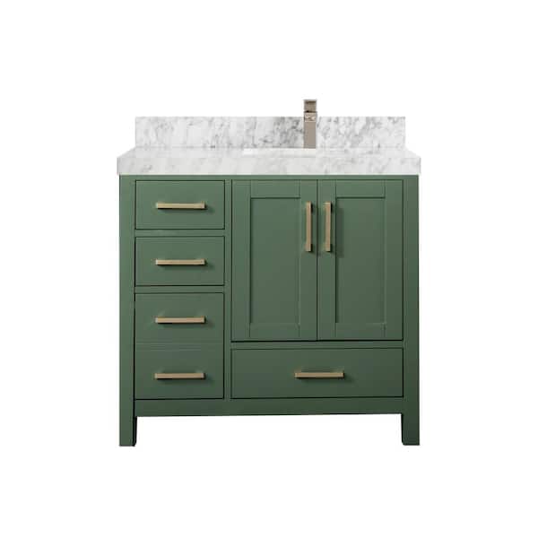 Willow Collections Malibu 36 in. W x 22 in. D x 36 in. H Right Offset Sink Bath Vanity in Lafayette Green with 2 in. Carrara Marble Top