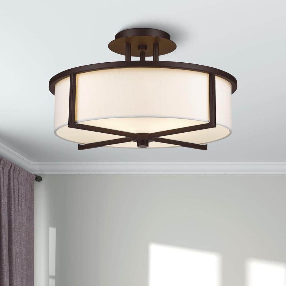 Wesley Modern Bronze Semi-Flush Mount with Off-White Drum Shade