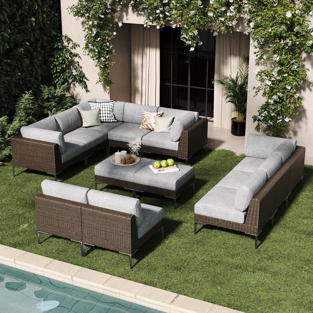 12-Piece Wicker Rattan Patio Sofa Sectional Conversation Set with Gray 6-inch Cushions price history on PriceWatchPro