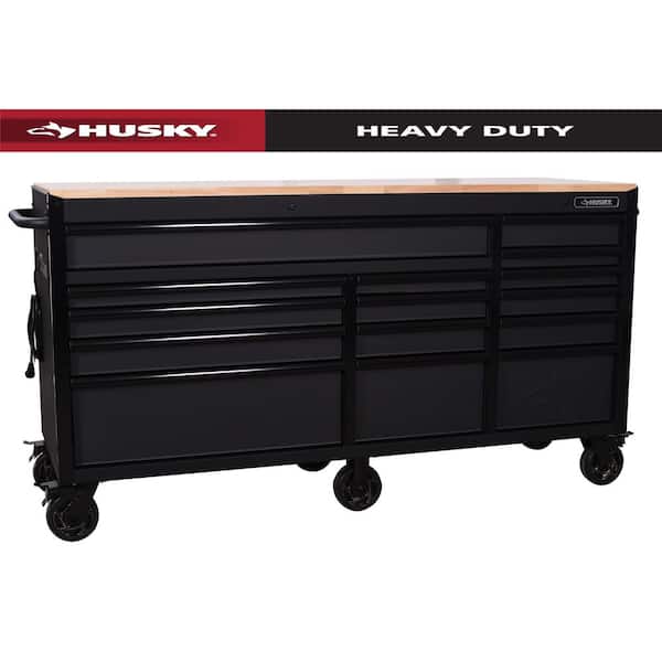 Heavy-Duty 72 in. W x 24 in. D 15-Drawer Matte Black Mobile Workbench Cabinet with Solid Wood Top